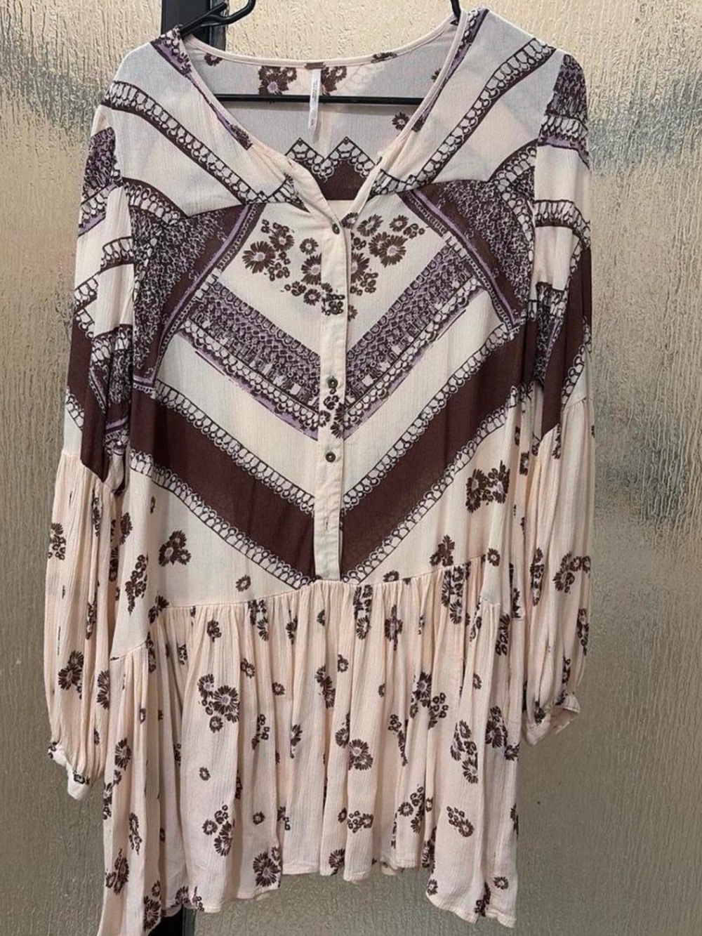 Free People Cream and Brown Printed Boho Mini Dress